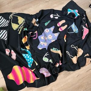 Huge Thick Silk Scarf Wrap Black With Beach‎ Theme - 70” X 38” - Vacation Party